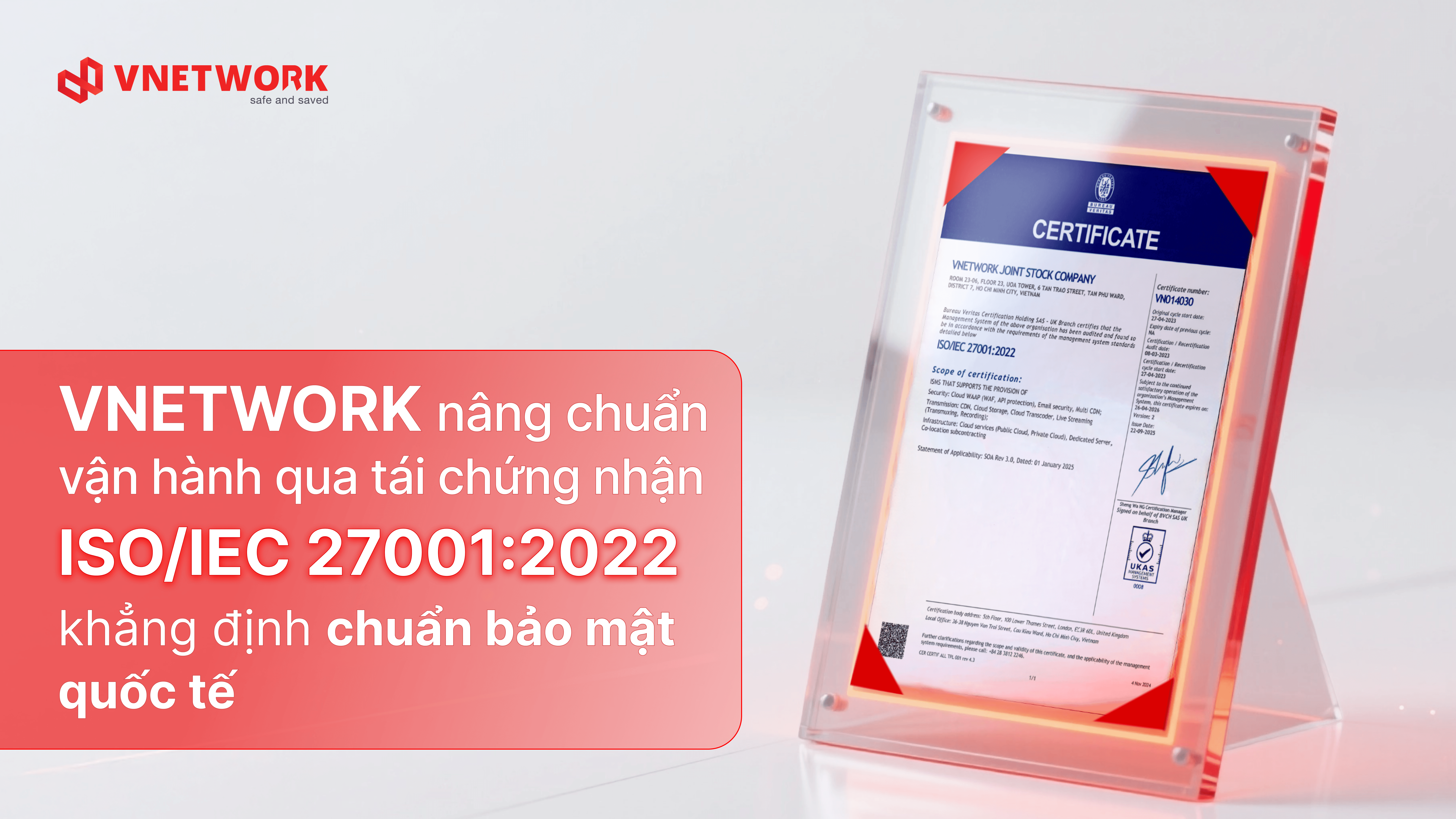VNETWORK đạt tái chứng nhận tiêu chuẩn bảo mật ISO/IEC 27001:2022