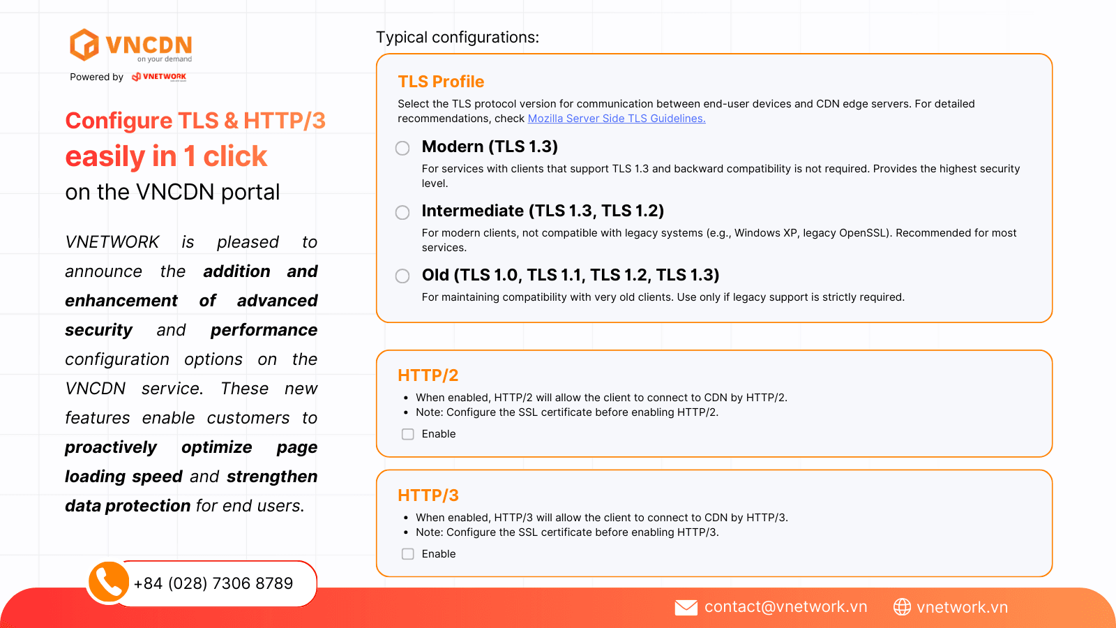 Easily configure HTTP/3 & TLS 1.3 with one click