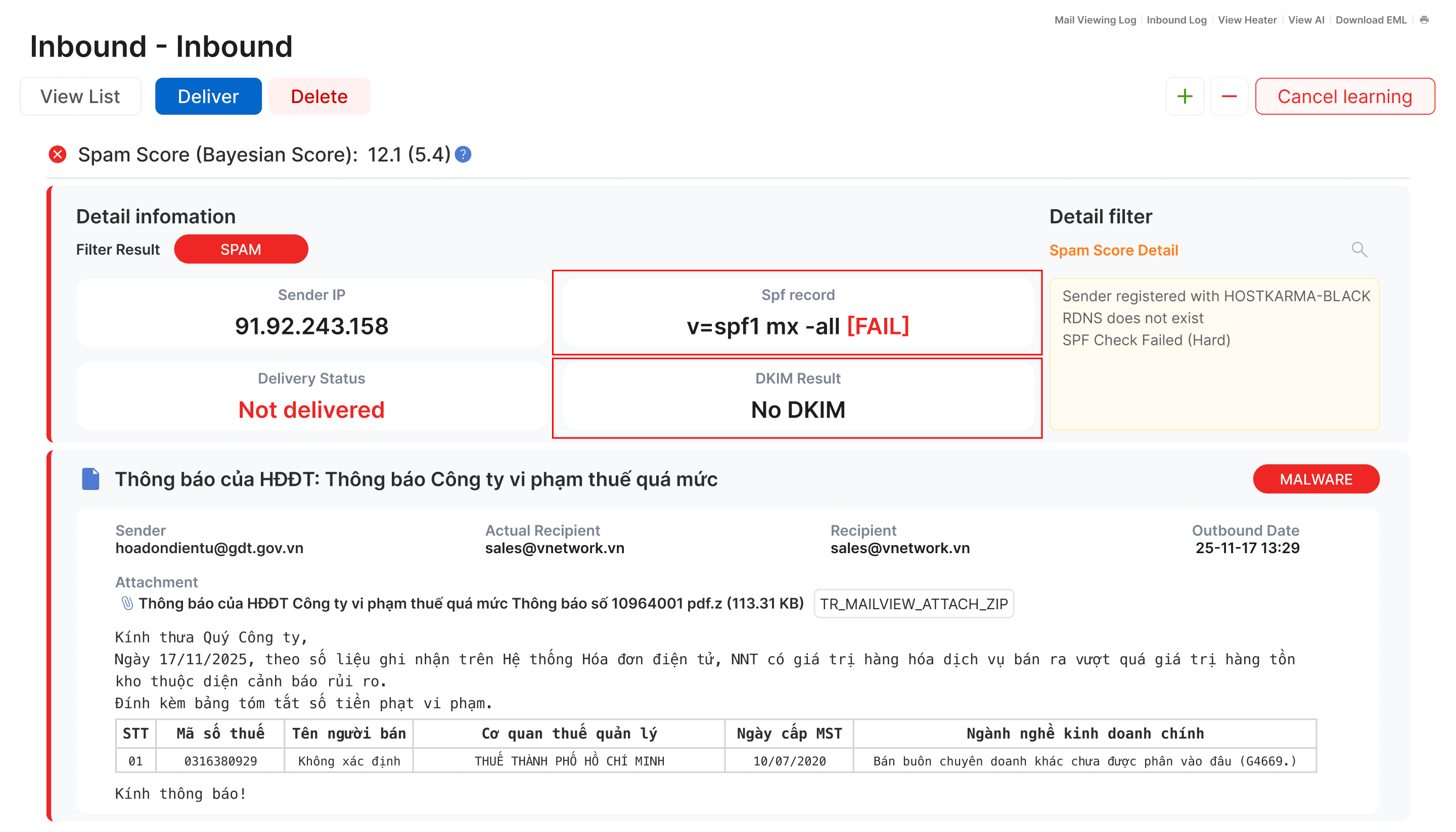 Hệ thống bảo mật Email EG-Platform từ VNETWORK chặn lọc thành công Email giả mạo cơ quan chức năng