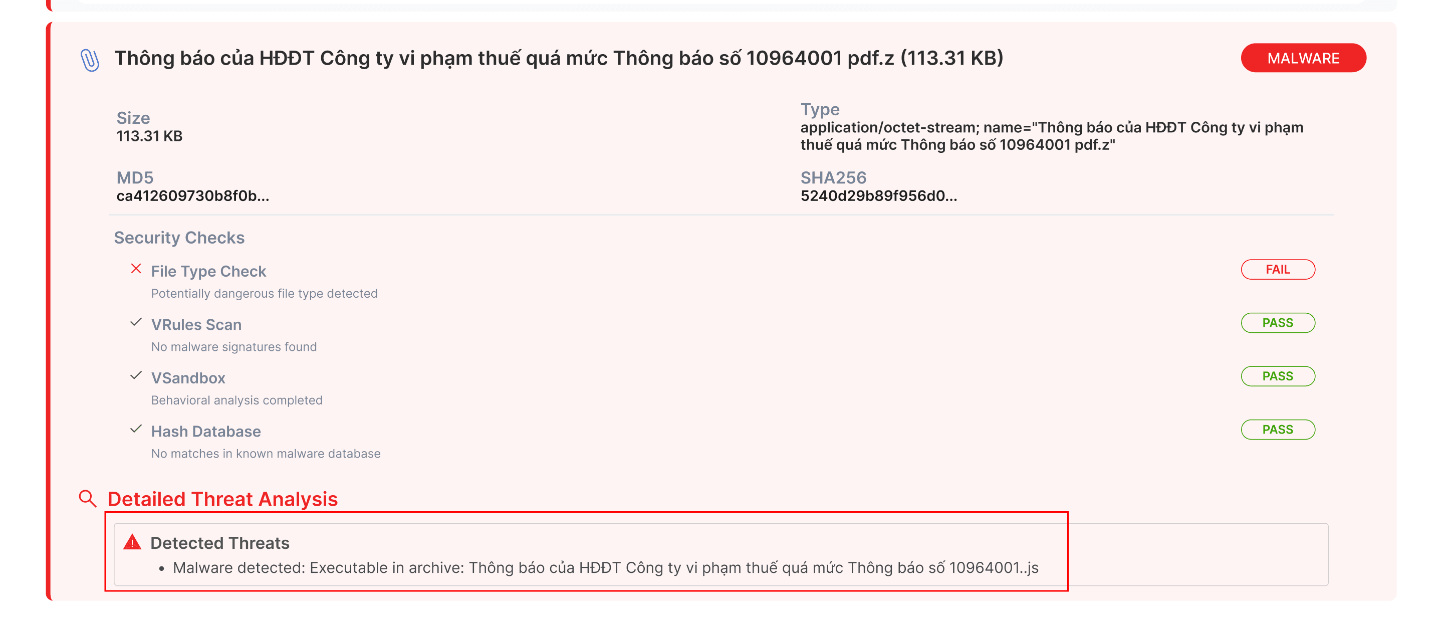 Tính năng vùng ảo đã phát hiện malware trong tệp đính kèm
