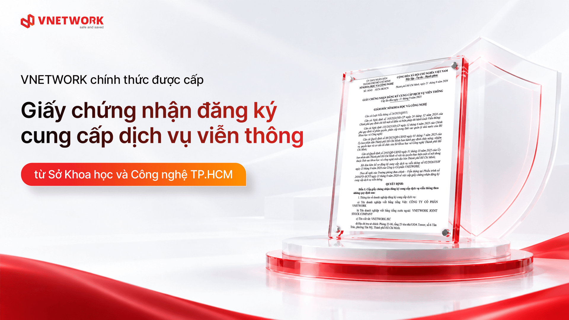 VNETWORK được cấp Giấy chứng nhận đăng ký cung cấp dịch vụ viễn thông